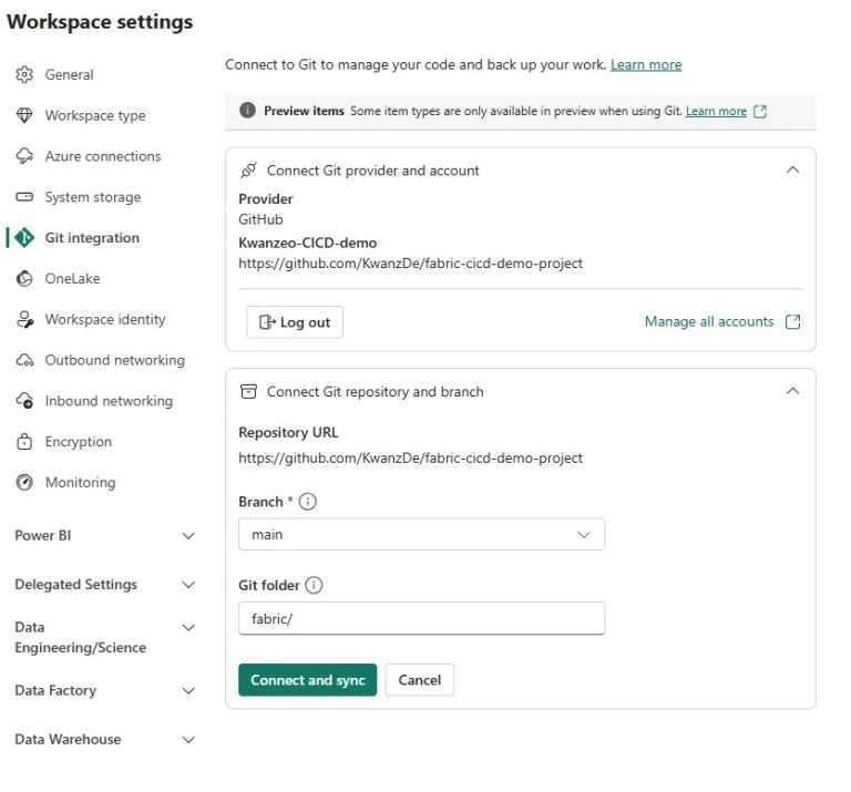 Synchronisation Fabric avec le dépôt GitHub.