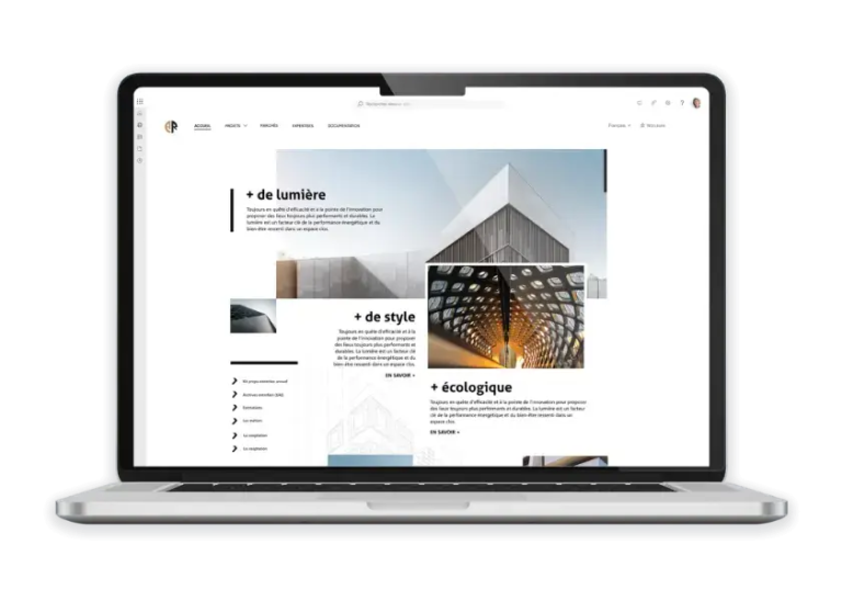 Maquette d'une page d'accueil d'intranet SharePoint affichée sur un ordinateur portable