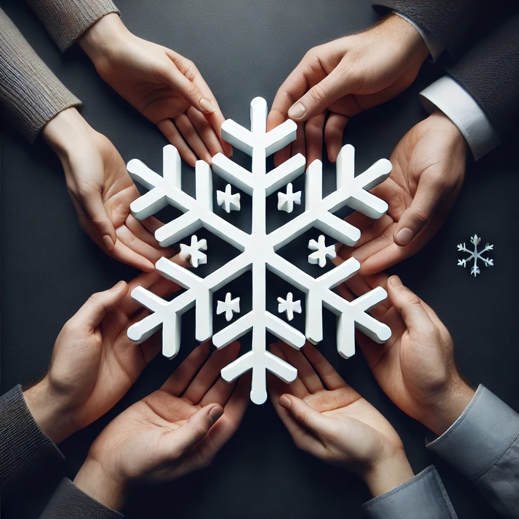 Trois paires de mains positionnées autour d'un grand flocon de neige blanc, représentant la collaboration et l'intégration dans un écosystème de données.