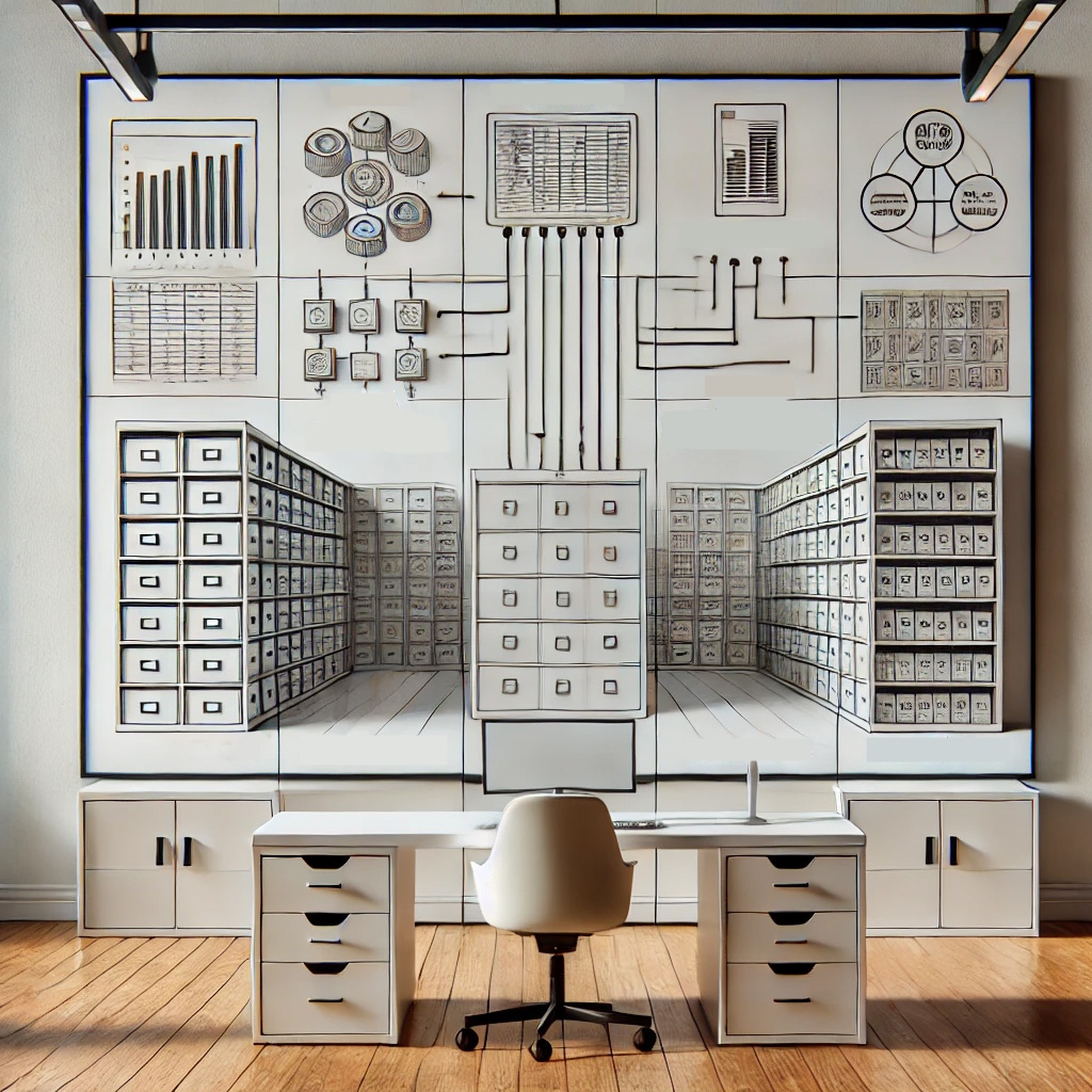 Espace de travail high-tech avec des sections organisées, symbolisant les principales fonctionnalités de Snowflake comme le stockage de données, le traitement et l'analytique.