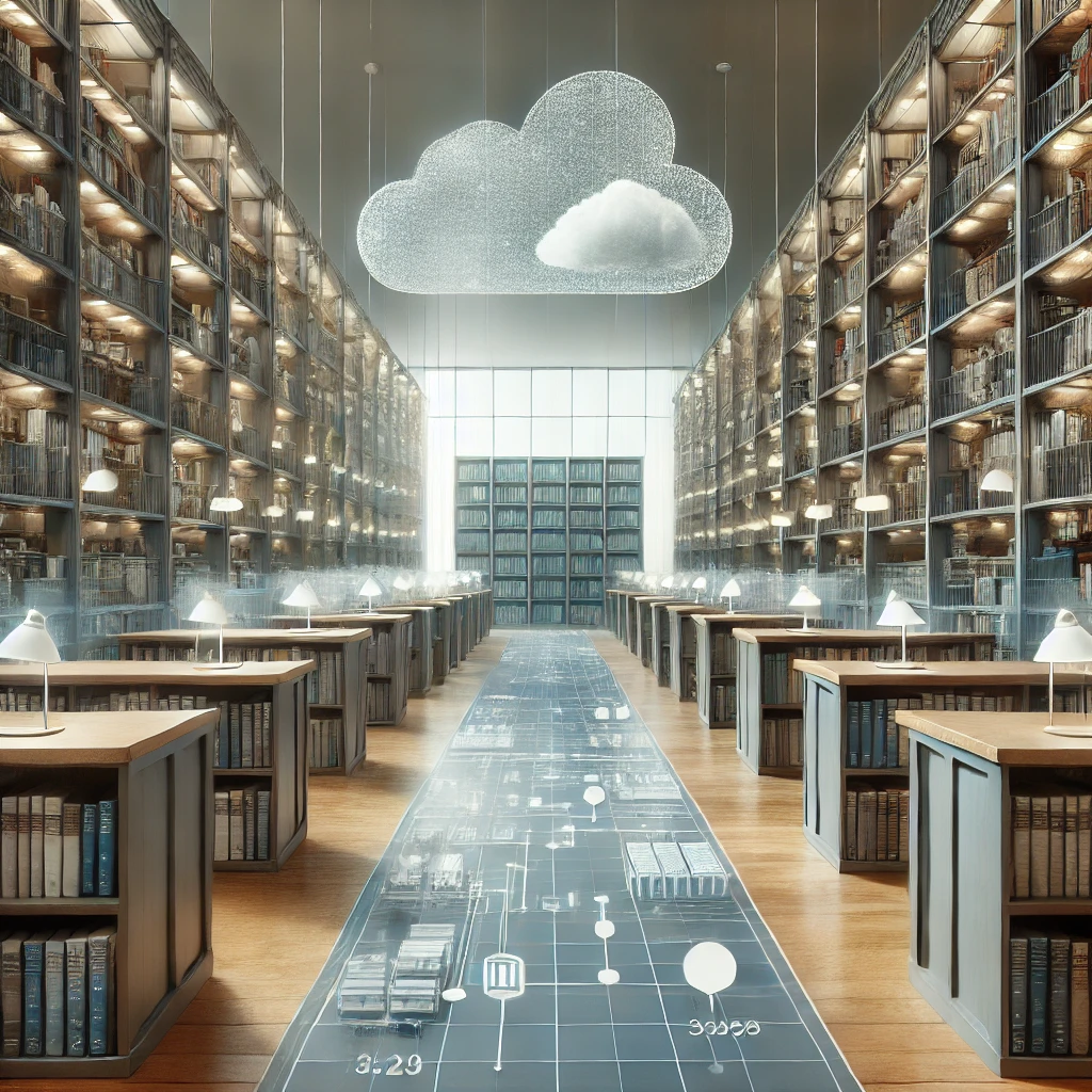 Bibliothèque moderne et organisée, symbolisant l'architecture d'un entrepôt de données cloud avec des étagères comme structure de stockage et des allées pour l'accès aux données.