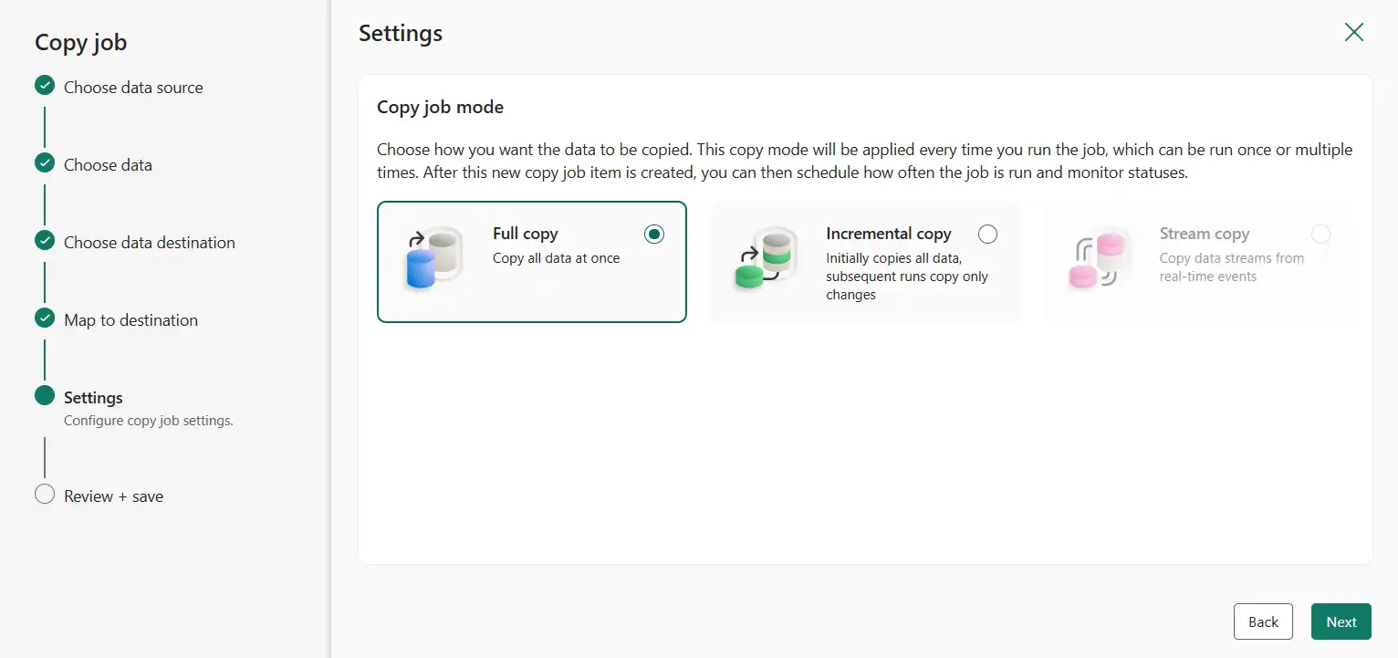Sélection de la méthode de copie des données dans l’assistant de création de Copy Job sur Microsoft Fabric, avec les options : Copie complète, Copie incrémentielle et Copie en streaming