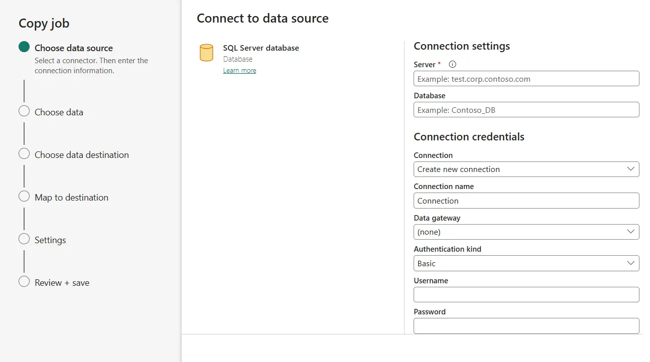 Sélection de la source de données Azure SQL dans l’assistant de création de Copy Job sur Microsoft Fabric, avec les champs de connexion à remplir