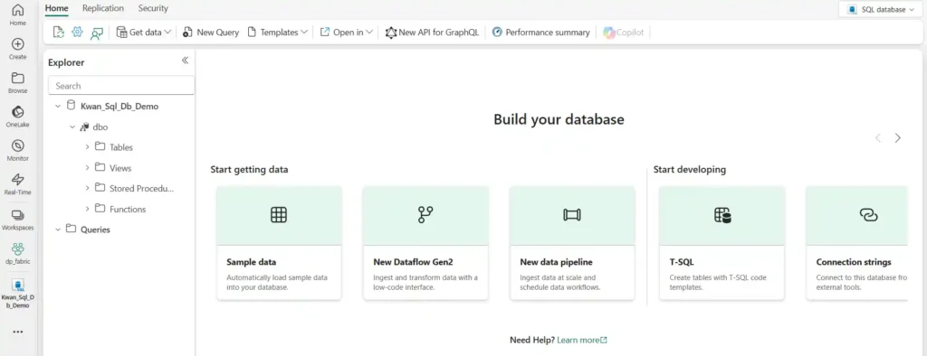 Capture d’écran de Microsoft Fabric affichant une base de données SQL nouvellement créée, montrant une interface vide prête à accueillir des tables, procédures ou autres objets.