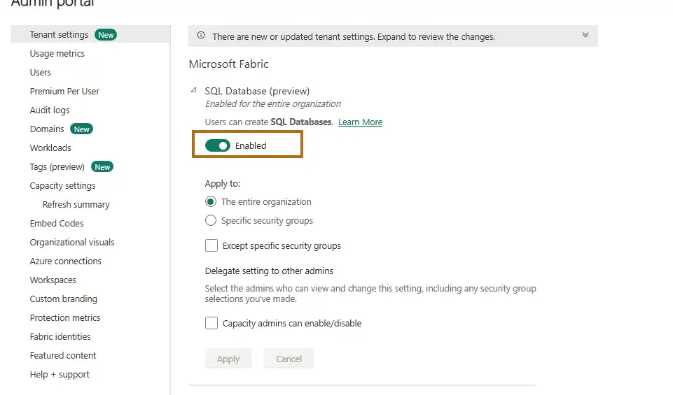 Illustration montrant l'activation de la fonctionnalité "Création de bases de données" dans le portail d'administration de Microsoft Fabric.