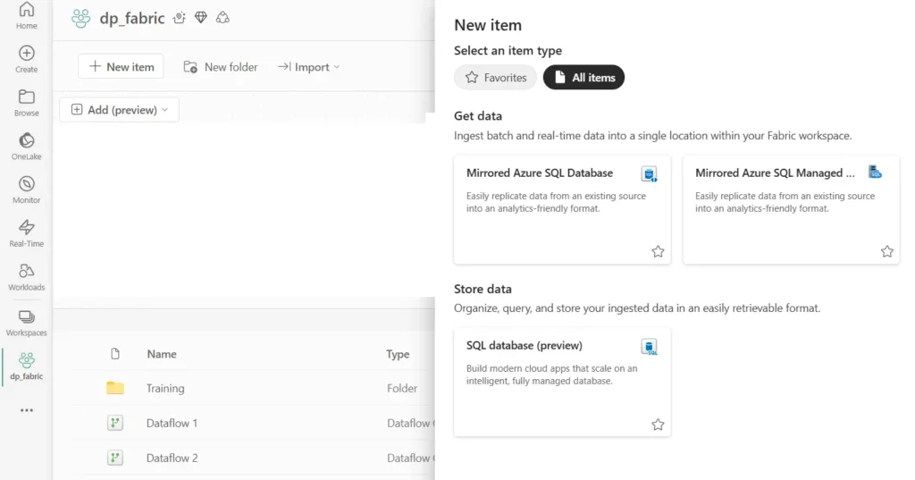 Screenshot de Microsoft Fabric montrant le menu de création d’un nouvel élément, avec l'option "Base de données SQL" mise en évidence.