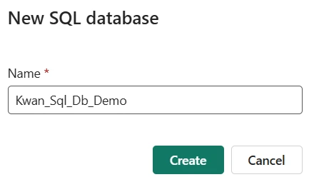 Capture d’écran de Microsoft Fabric affichant l’interface de création ou de gestion d'une base de données SQL, avec le champ de saisie du nom de la base de données mis en surbrillance pour le renommage.