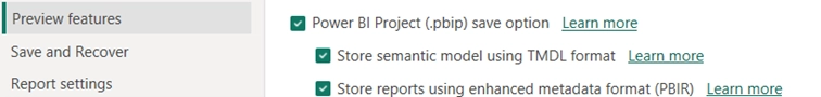Capture d’écran de Power BI montrant comment activer la vue TMDL via les options de fonctionnalités en préversion.