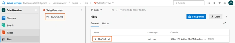 Interface Azure DevOps montrant un référentiel Git initialisé avec un fichier README et la branche principale "main".
