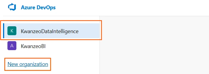 Interface Azure DevOps affichant l’option de création d’un nouveau projet au sein d’une organisation.