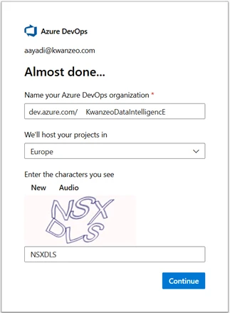 Interface Azure DevOps affichant l’option de création d’un nouveau projet au sein d’une organisation.
