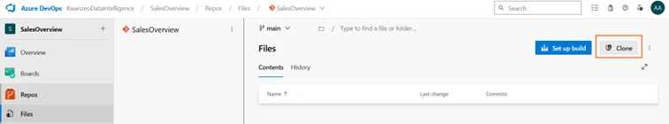 Interface Azure DevOps montrant l'option pour cloner un référentiel Git vers une machine locale.