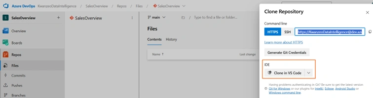 Interface Azure DevOps affichant l'option « Cloner dans VS Code » pour ouvrir directement le référentiel dans Visual Studio Code.