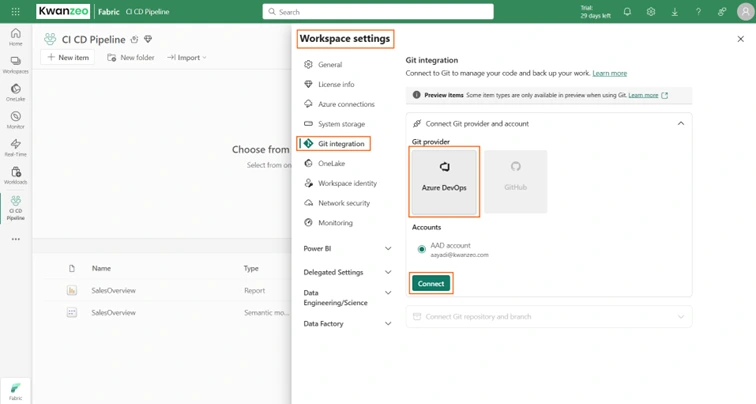 Interface Fabric affichant les étapes pour connecter un espace de travail à un référentiel Git via Azure DevOps.