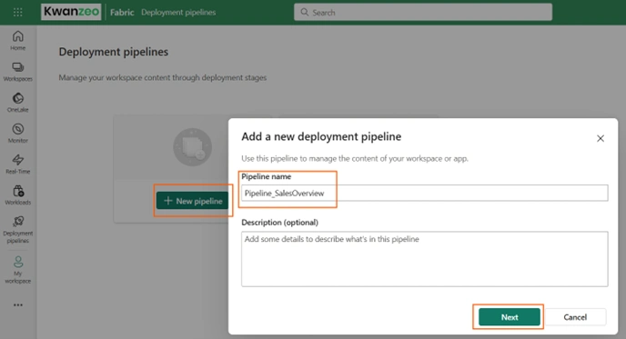 Interface de création d’un nouveau pipeline de déploiement dans Microsoft Fabric, avec les champs pour nommer le pipeline.