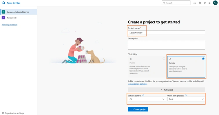 Formulaire de création d’un projet dans Azure DevOps avec les champs de nom, description et visibilité.