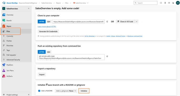 Interface Azure DevOps affichant l’option "Initialize" dans la section Repos > Files.