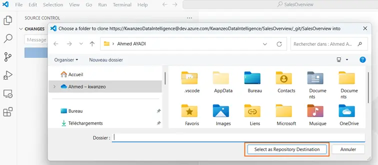 Fenêtre de sélection d’un dossier local dans Visual Studio Code pour cloner le référentiel depuis Azure DevOps.