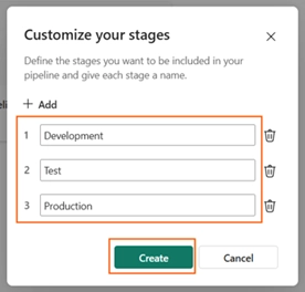 Interface de configuration d’un pipeline Fabric montrant les étapes personnalisables du flux de déploiement.