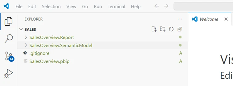 Visual Studio Code affichant le référentiel cloné avec un projet Power BI (PBIP) enregistré dans le dossier local.