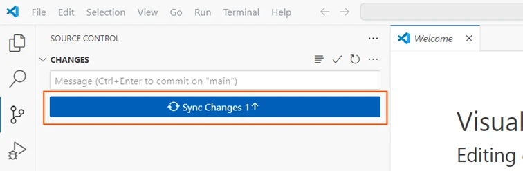 Interface de Visual Studio Code montrant la synchronisation des modifications locales avec le dépôt distant sur Azure DevOps.