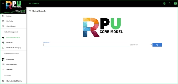 Capture d’écran ou schéma représentant l’interface du Core Model RPU avec les modules de recherche, consultation, paramétrage, historique, profils, workflow et tableau de bord.